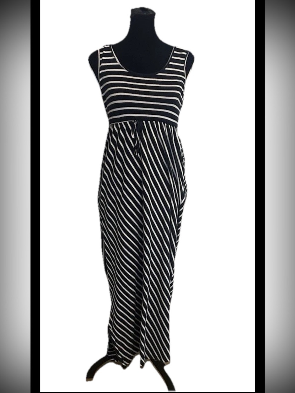 Maternity Navy White Striped Scoop Neck Sleeveless Knit Maxi Dress S